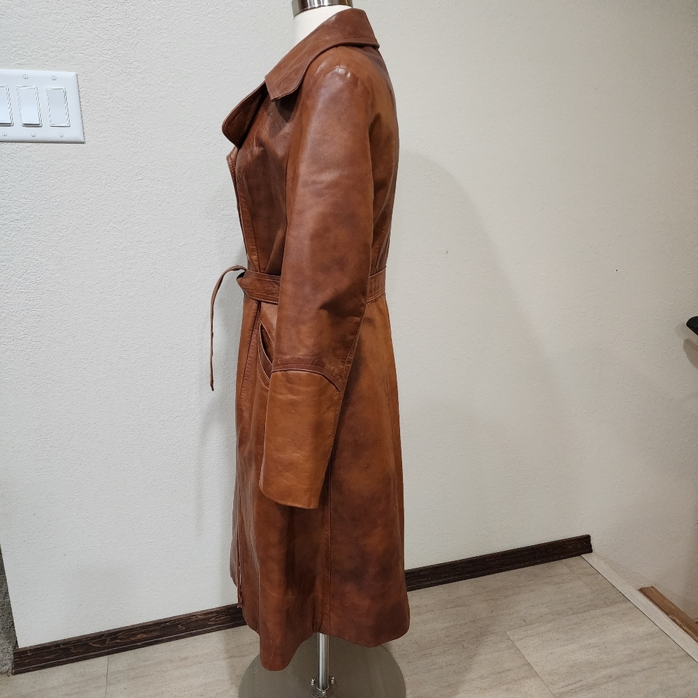 Vintage Leather Trench Coat Full Length 70s Genuine Cognac Leather size Medium - Picture 13 of 16